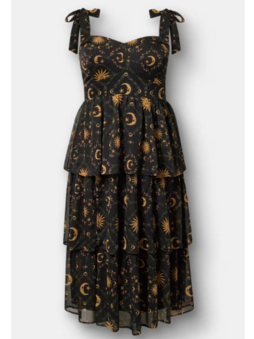 NWT Torrid 1 Celestial Medallion Black Sweetheart Tiered Midi Dress 1X 14 16